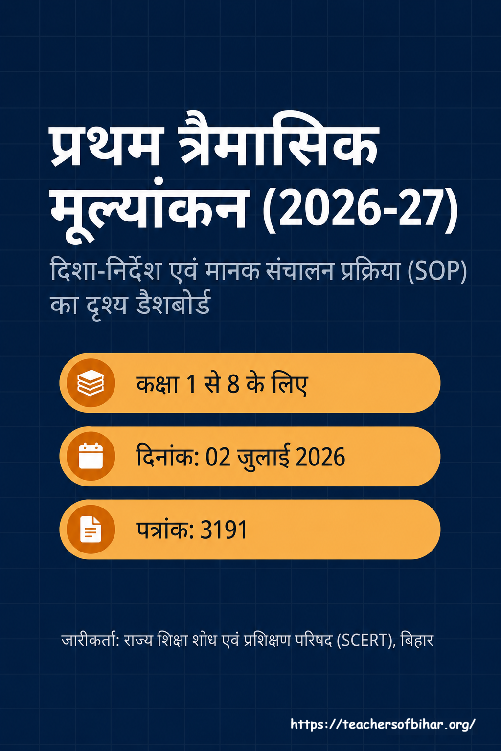 Click to view बिहार प्रथम त्रैमासिक मूल्यांकन 2026-27 SOP | परीक्षा कार्यक्रम, दिशा-निर्देश एवं मूल्यांकन प्रक्रिया